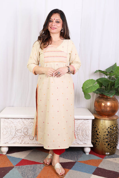 Beige kurta pant set with angrakha yoke & kantha work