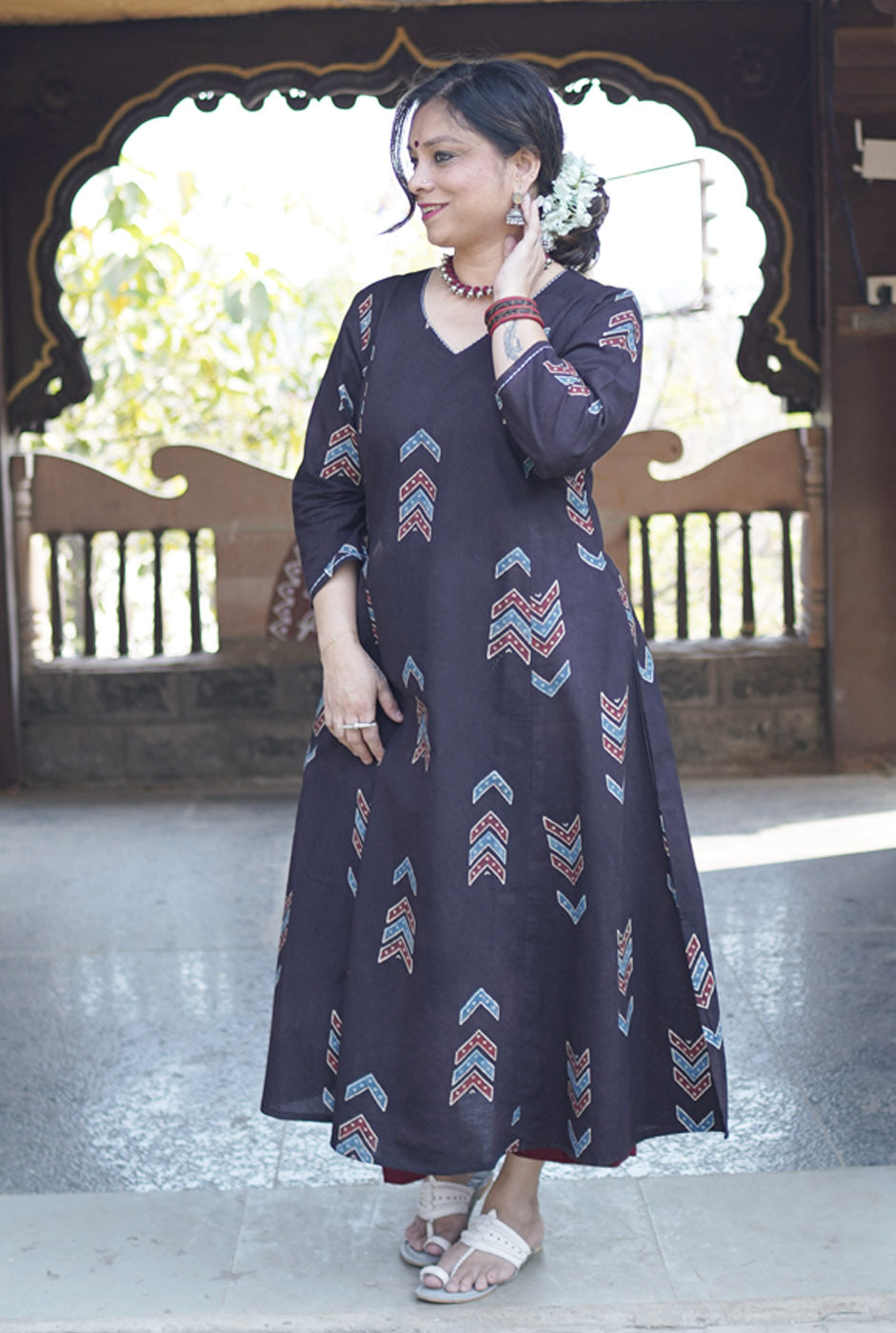 Alahi Ajrakh A-Line Kalidar Kurta with Hand Kantha Work