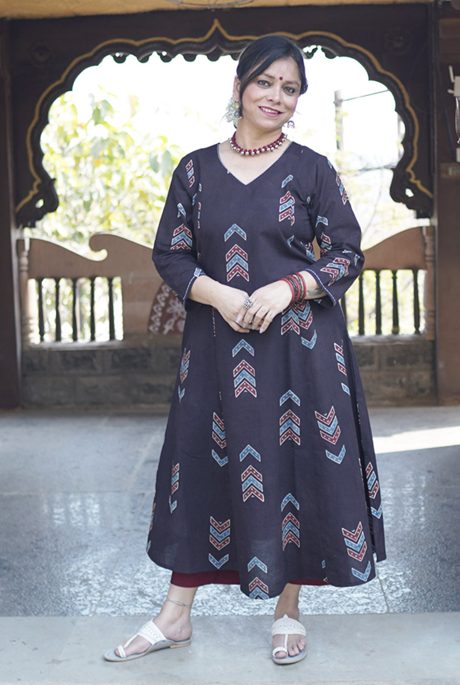 Alahi Ajrakh A-Line Kalidar Kurta with Hand Kantha Work