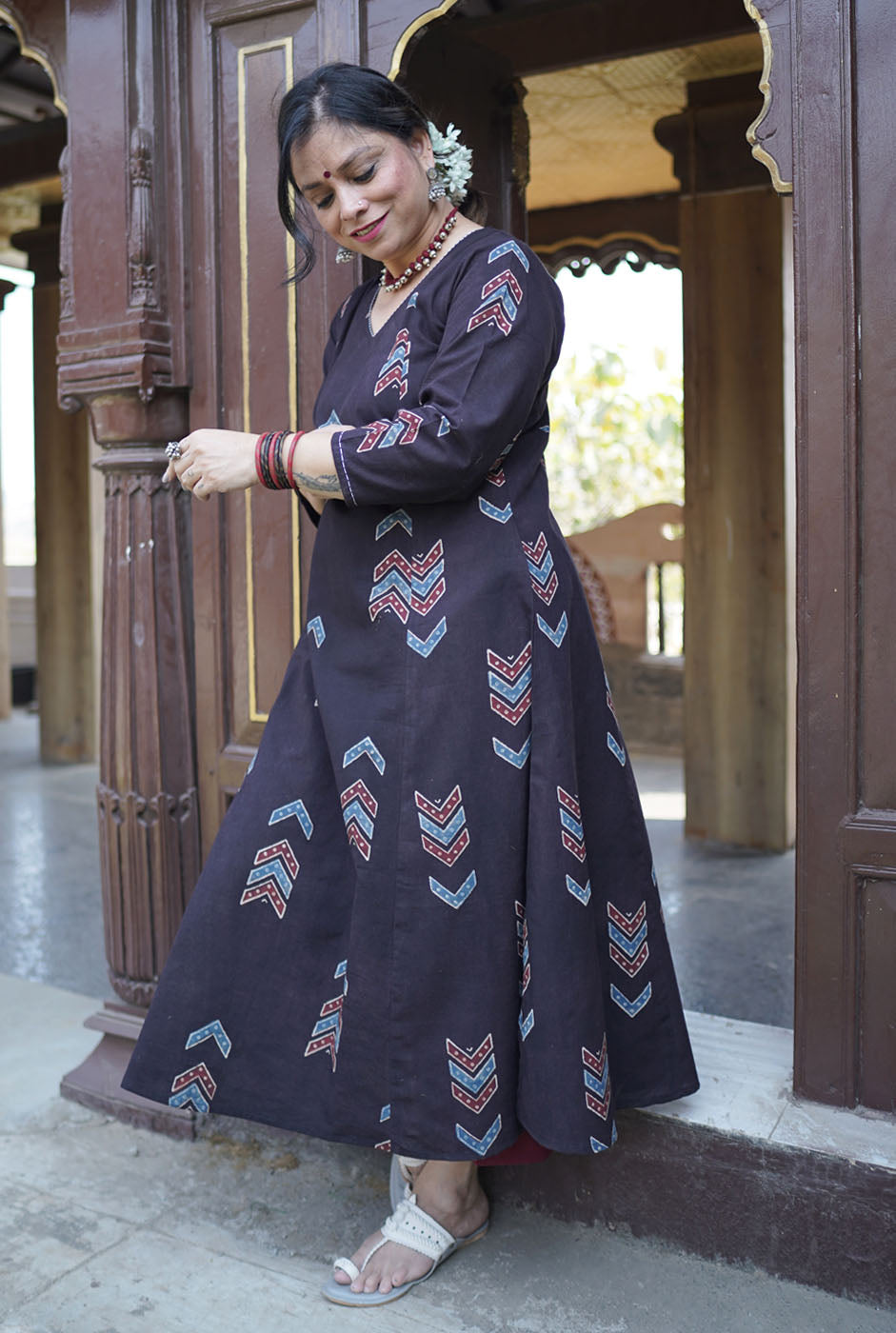Alahi Ajrakh A-Line Kalidar Kurta with Hand Kantha Work