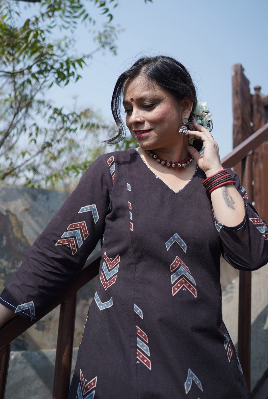 Alahi Ajrakh A-Line Kalidar Kurta with Hand Kantha Work
