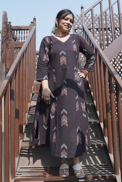 Alahi Ajrakh A-Line Kalidar Kurta with Hand Kantha Work