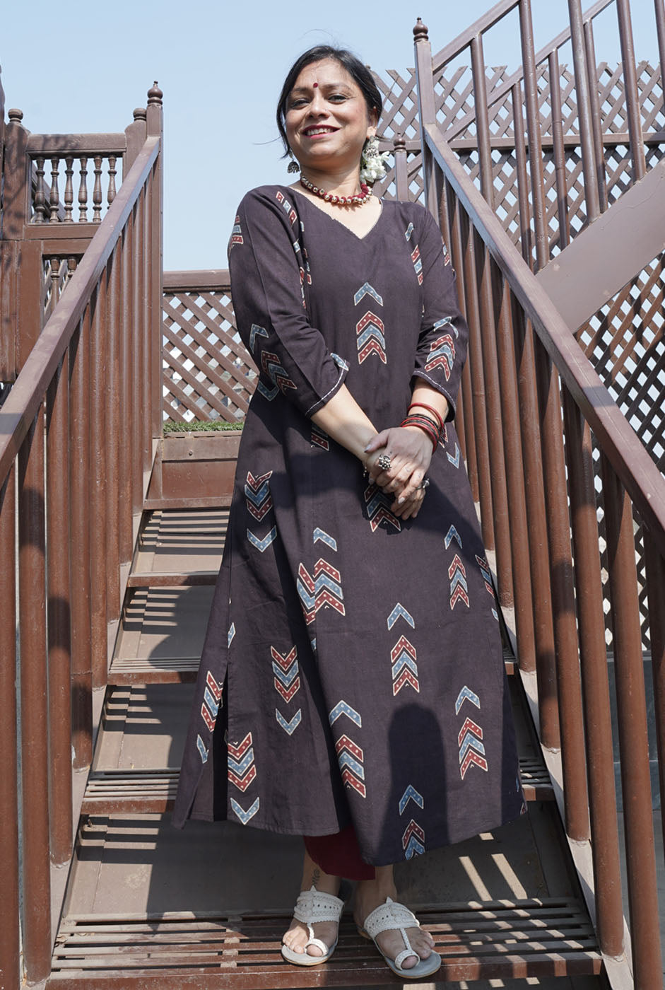 Alahi Ajrakh A-Line Kalidar Kurta with Hand Kantha Work
