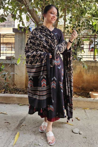 Alahi Ajrakh A-Line Kalidar Kurta with Hand Kantha Work