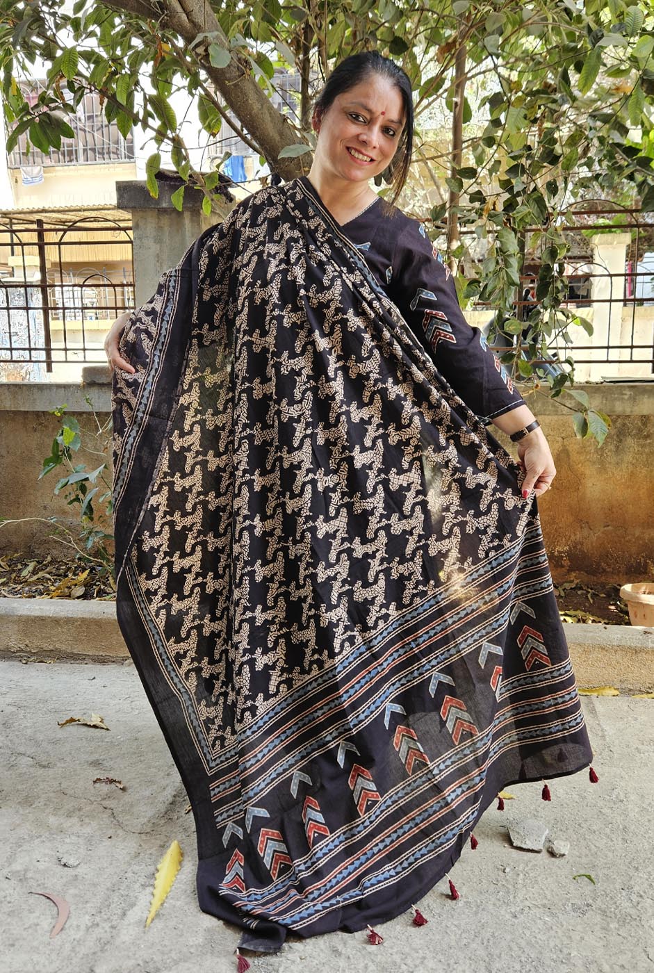 Alahi Ajrakh A-Line Kalidar Kurta with Hand Kantha Work