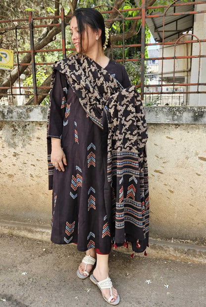 Alahi Ajrakh A-Line Kalidar Kurta with Hand Kantha Work