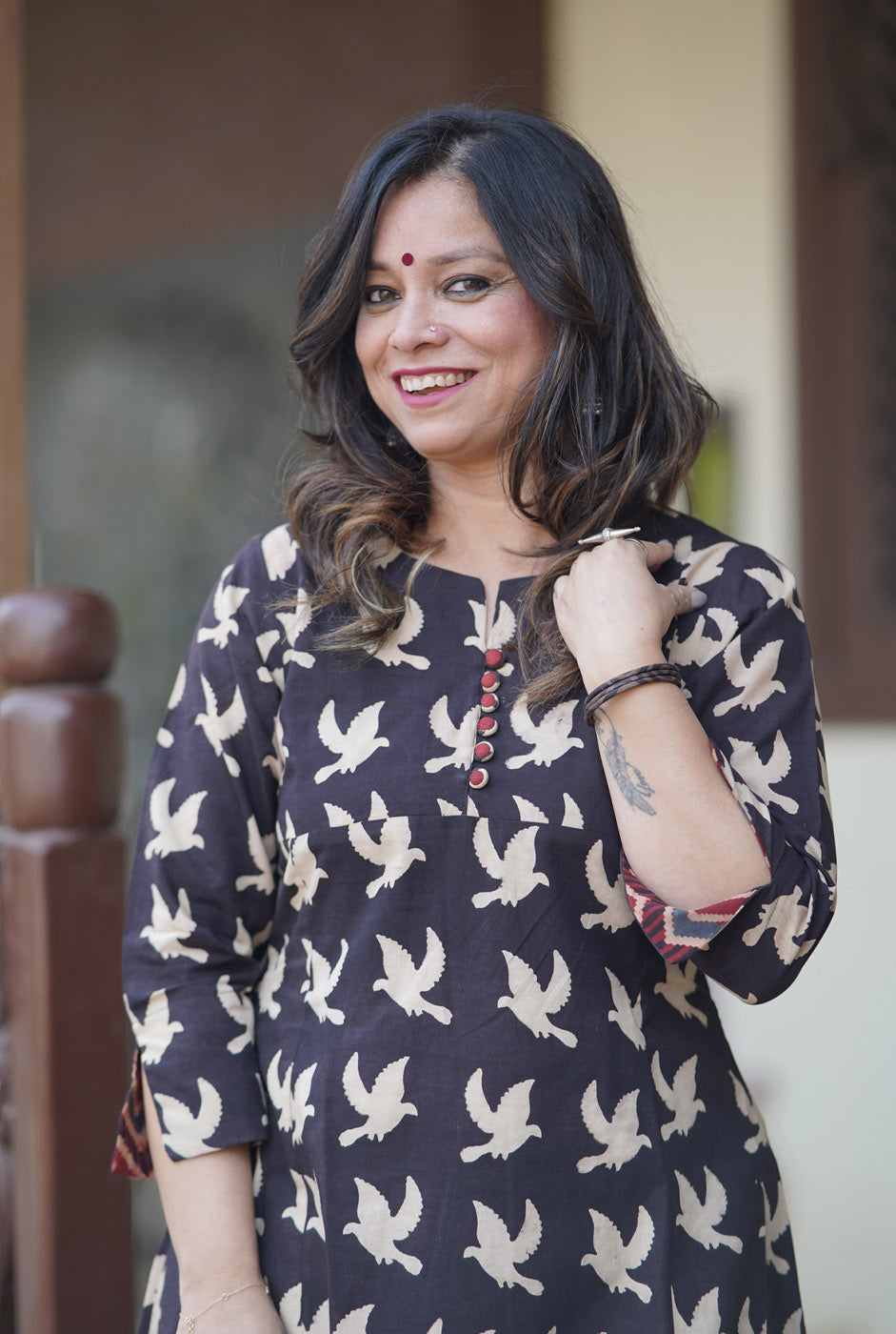 Alahi Black Ajrakh A-Line Kalidar Kurta with Bird Block Print