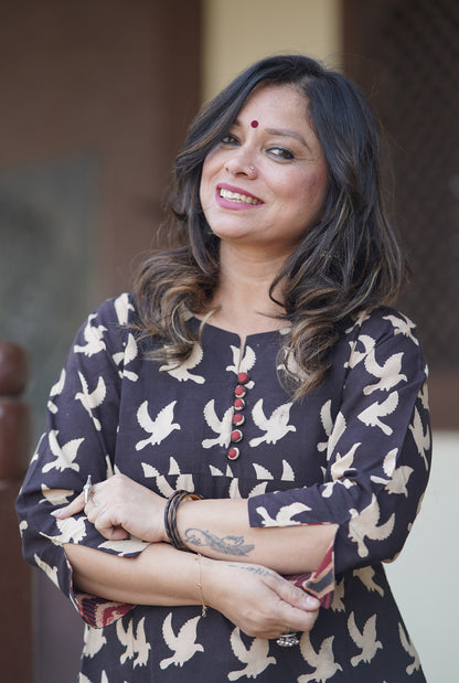 Alahi Black Ajrakh A-Line Kalidar Kurta with Bird Block Print