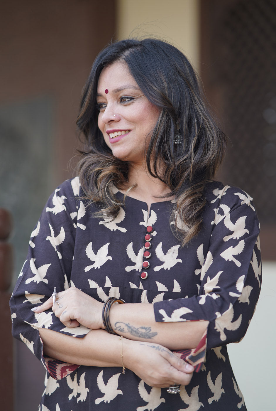 Alahi Black Ajrakh A-Line Kalidar Kurta with Bird Block Print