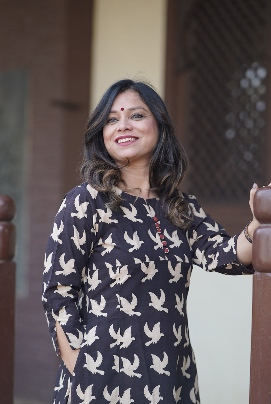 Alahi Black Ajrakh A-Line Kalidar Kurta with Bird Block Print