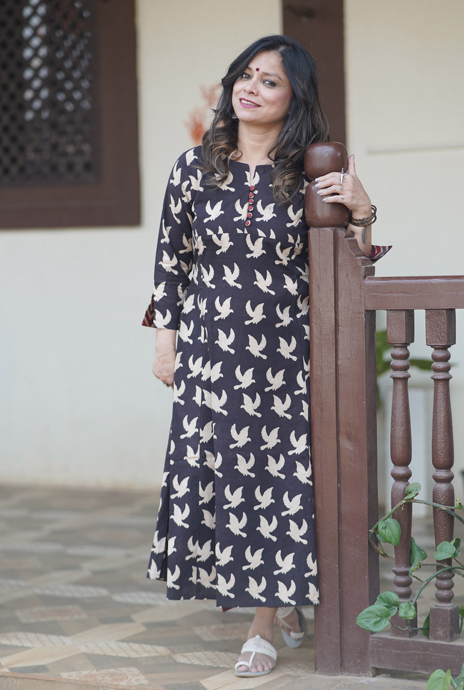 Alahi Black Ajrakh A-Line Kalidar Kurta with Bird Block Print
