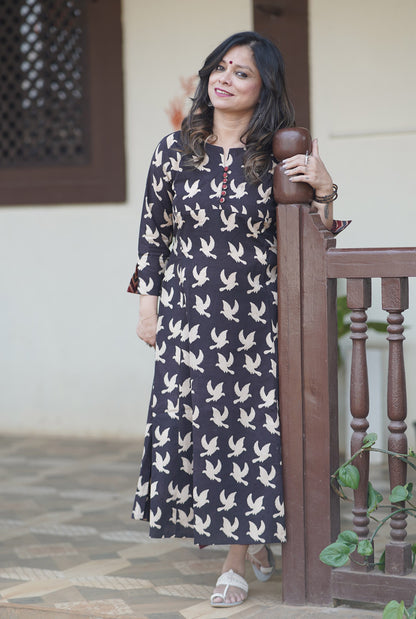 Alahi Black Ajrakh A-Line Kalidar Kurta with Bird Block Print