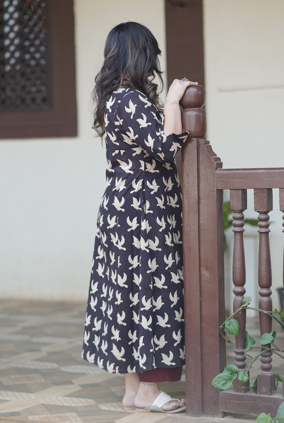 Alahi Black Ajrakh A-Line Kalidar Kurta with Bird Block Print