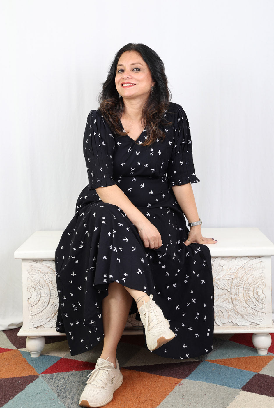 Black Bird Block A-Line Dress with Mull Lining