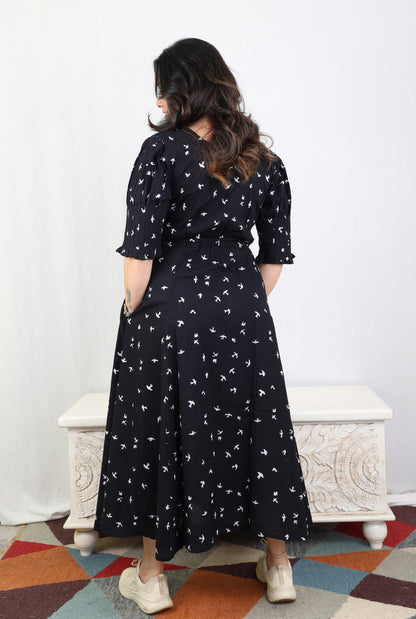 Black Bird Block A-Line Dress with Mull Lining