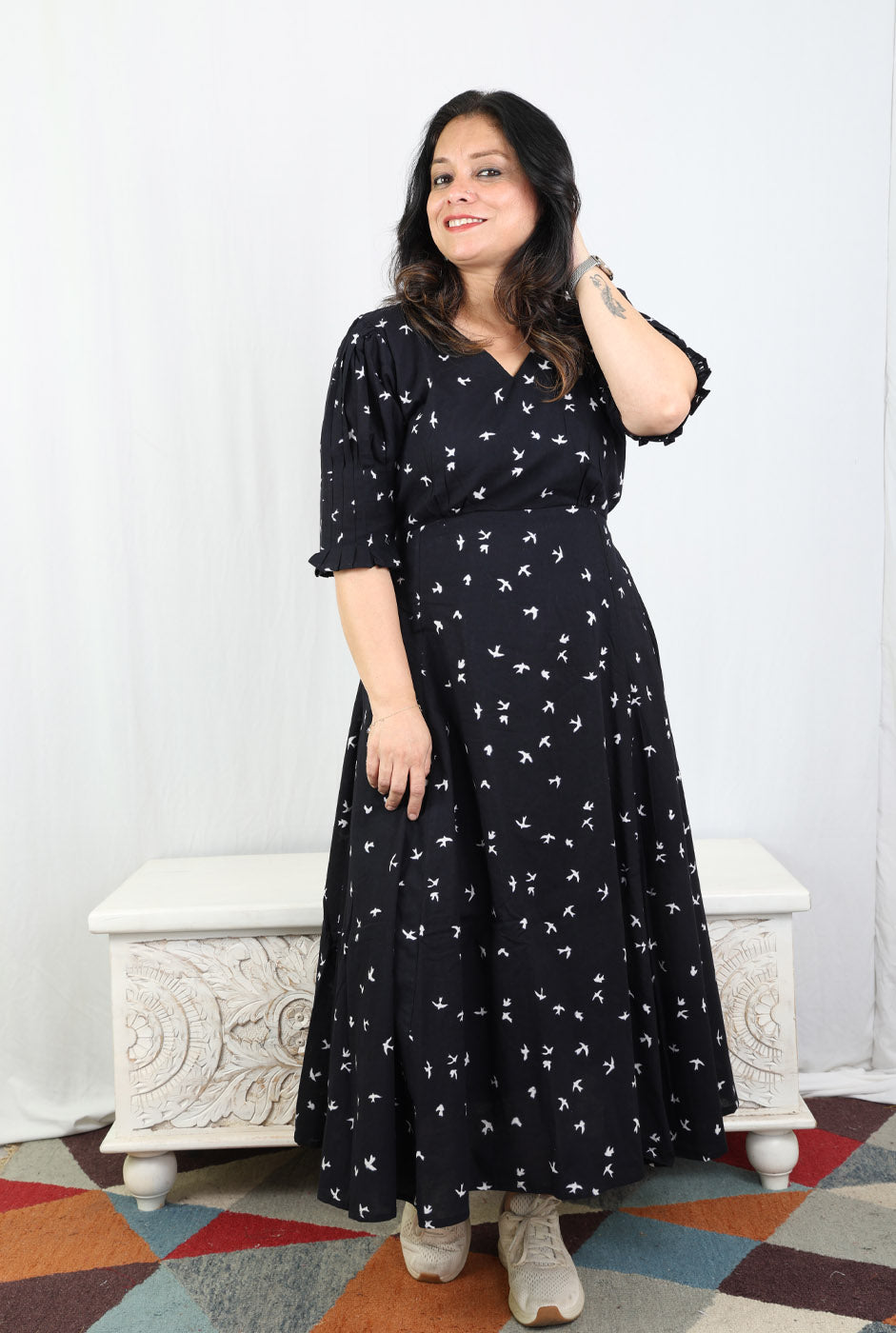 Black Bird Block A-Line Dress with Mull Lining