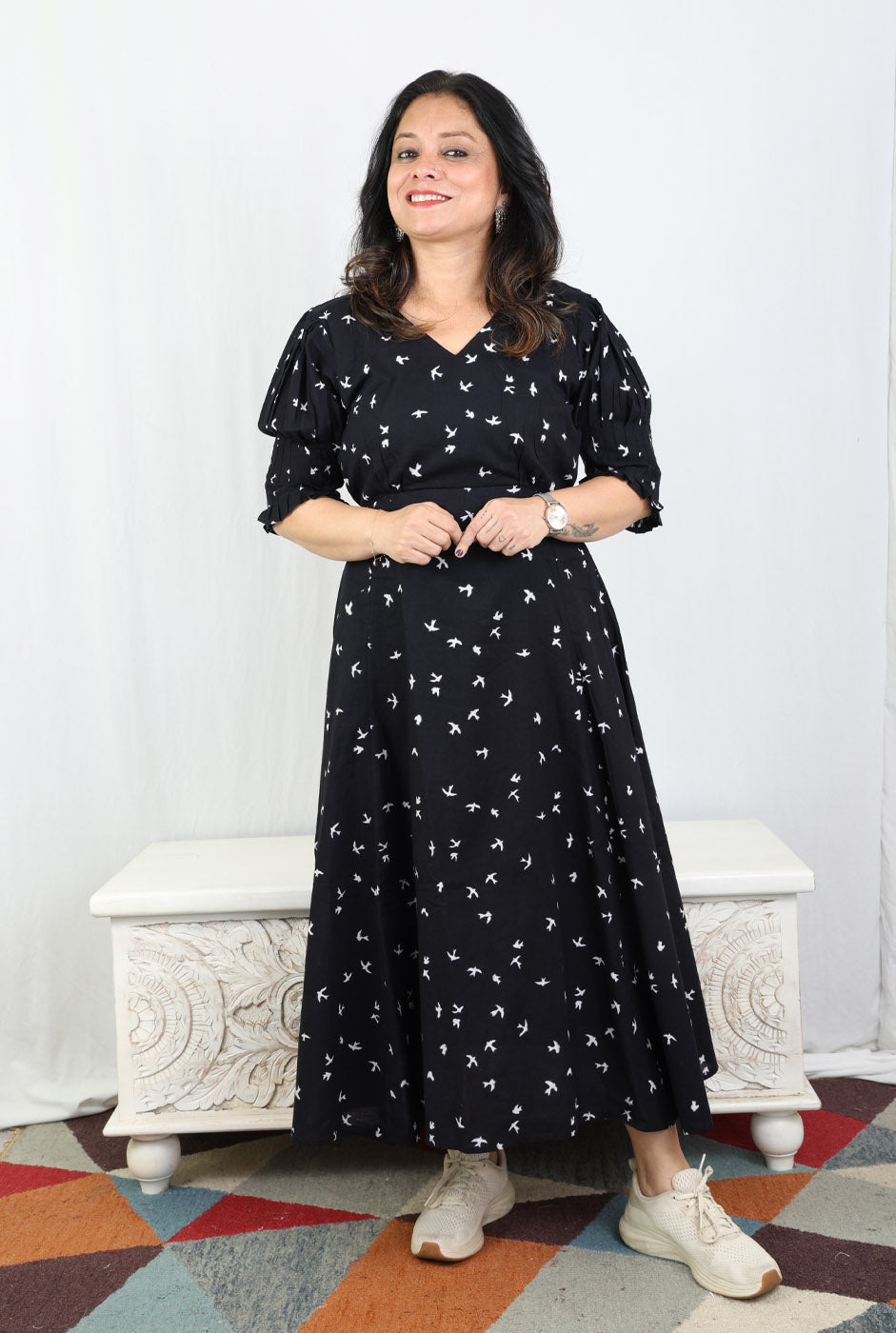 Black Bird Block A-Line Dress with Mull Lining