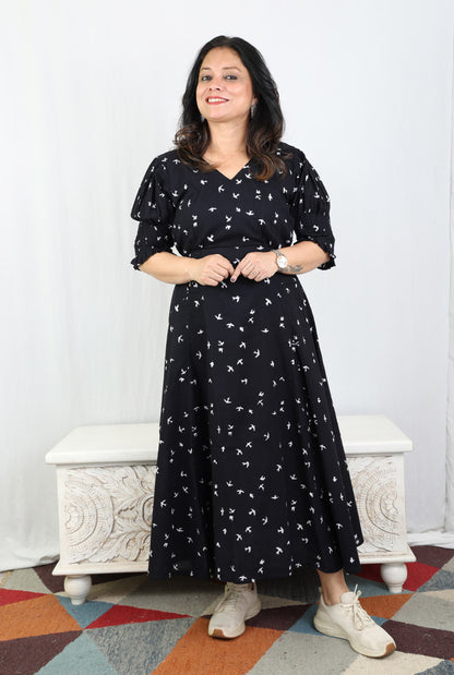 Black Bird Block A-Line Dress with Mull Lining