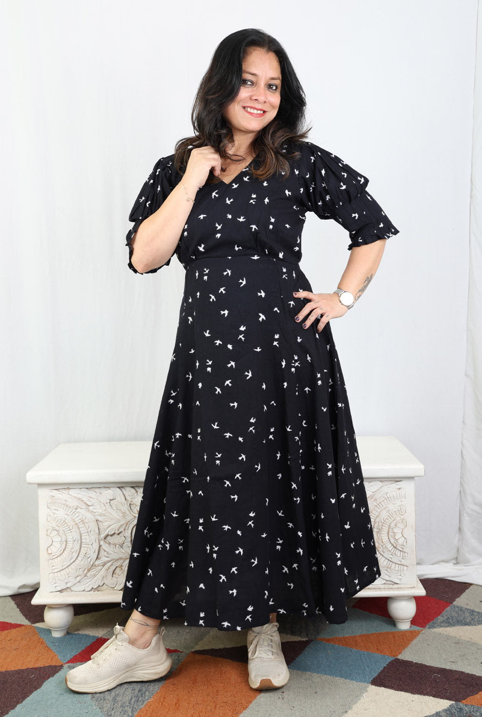 Black Bird Block A-Line Dress with Mull Lining