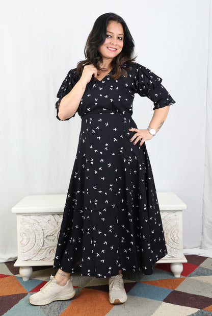 Black Bird Block A-Line Dress with Mull Lining