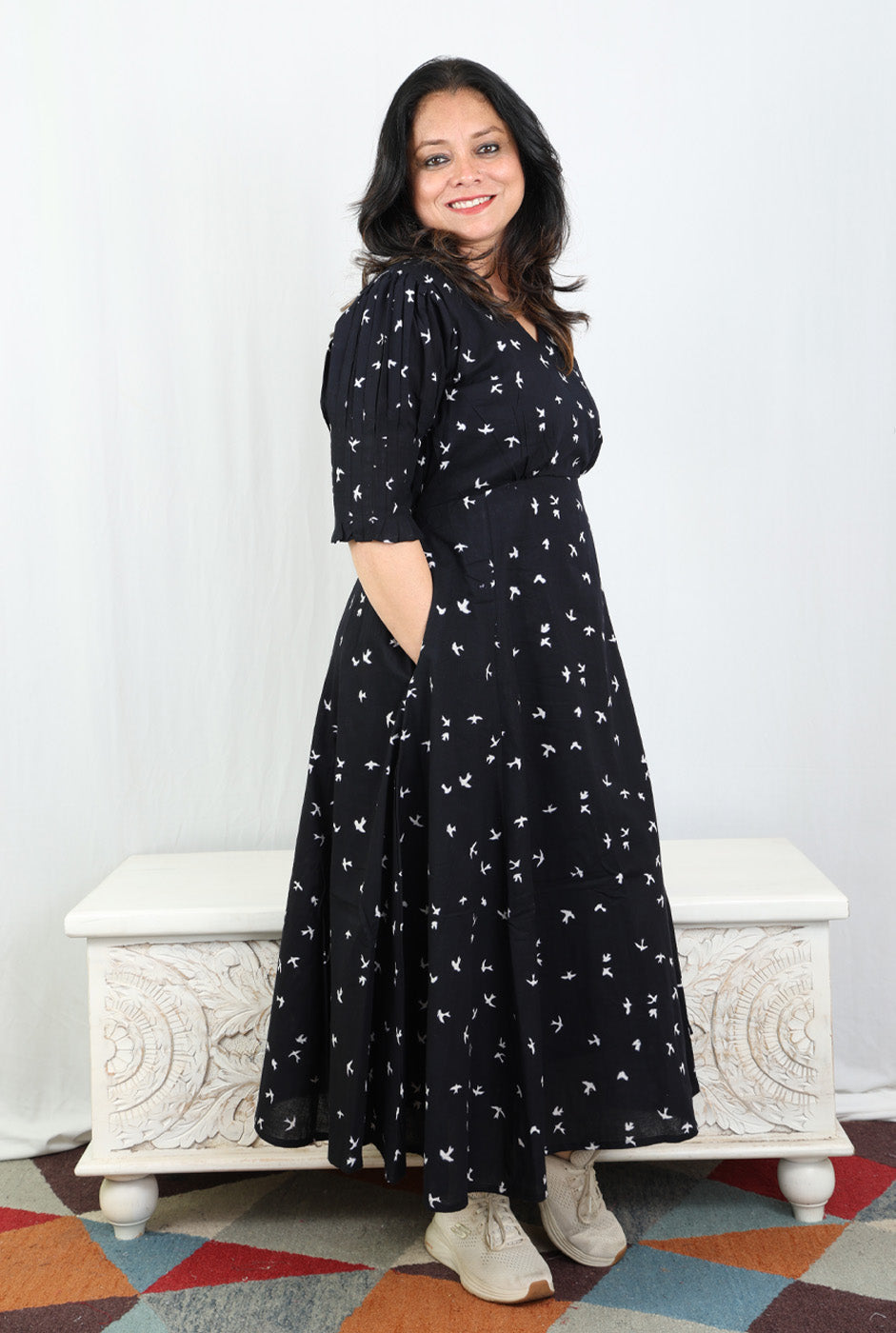 Black Bird Block A-Line Dress with Mull Lining