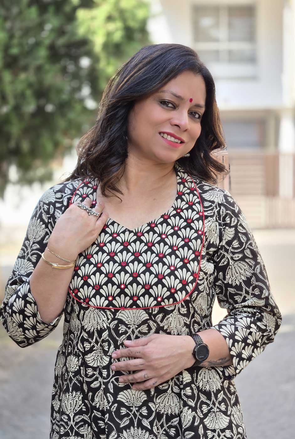 Dabu Handblock Kurta Pant Set with Mirror Work Detailing