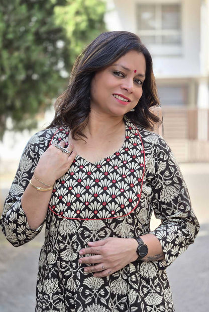 Dabu Handblock Kurta Pant Set with Mirror Work Detailing