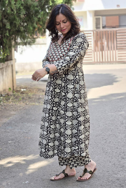 Dabu Handblock Kurta Pant Set with Mirror Work Detailing