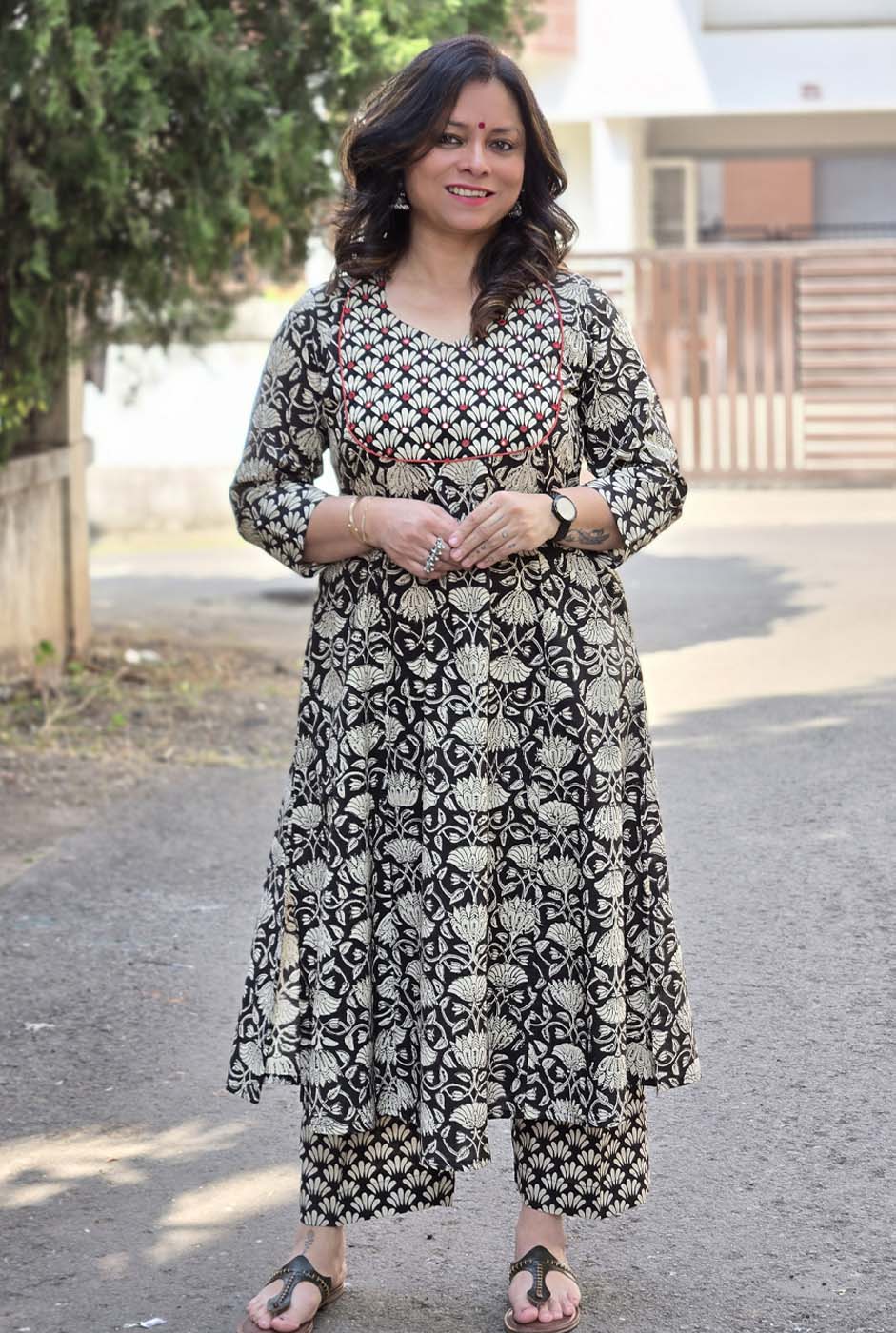 Dabu Handblock Kurta Pant Set with Mirror Work Detailing