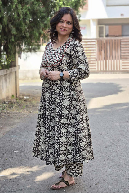 Dabu Handblock Kurta Pant Set with Mirror Work Detailing