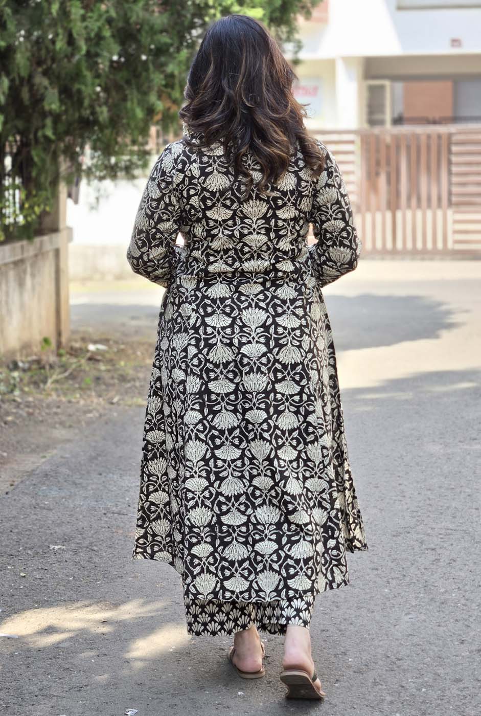 Dabu Handblock Kurta Pant Set with Mirror Work Detailing