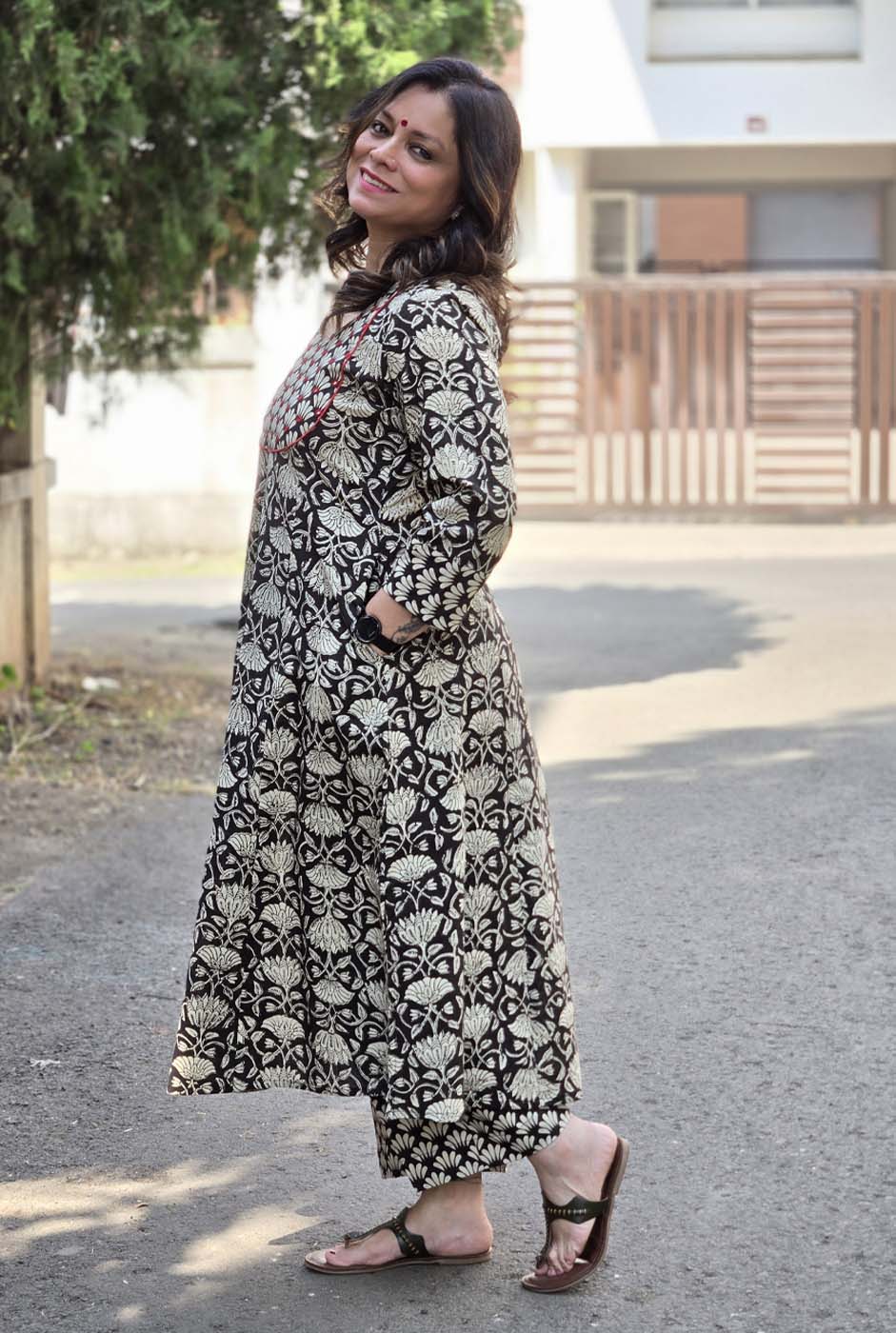 Dabu Handblock Kurta Pant Set with Mirror Work Detailing