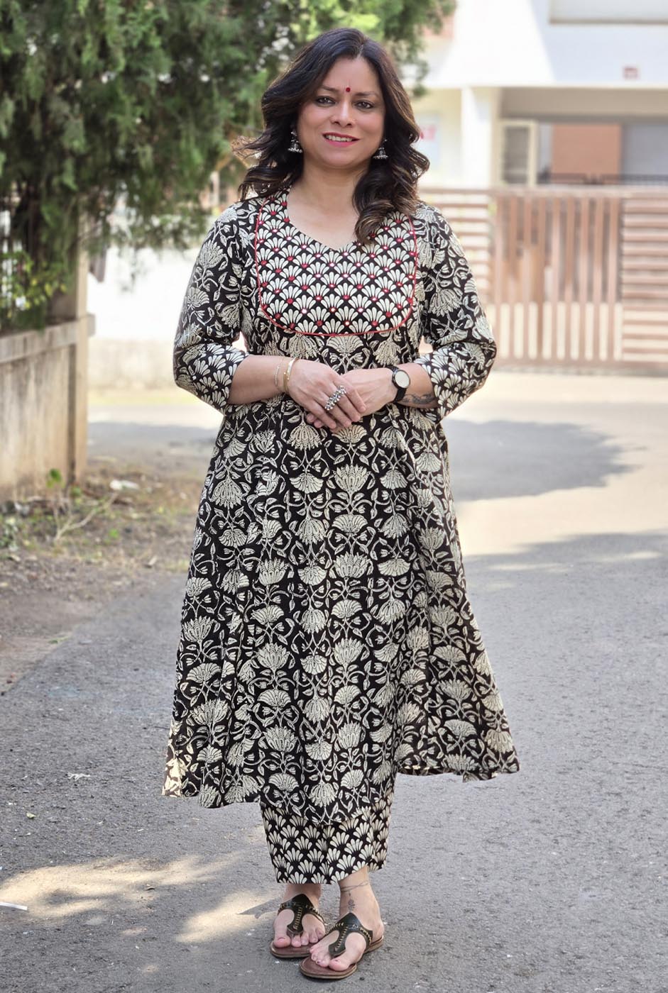 Dabu Handblock Kurta Pant Set with Mirror Work Detailing