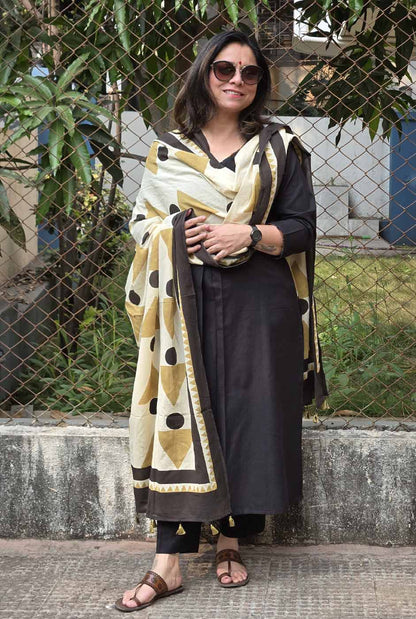 Black Handloom Kurta with Front Pleat