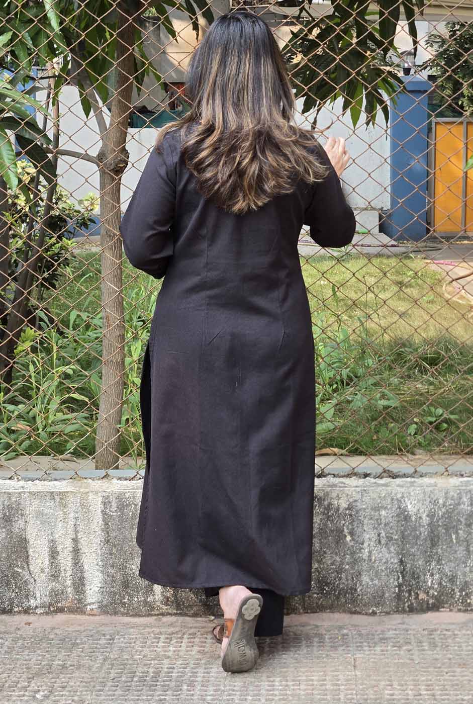 Black Handloom Kurta with Front Pleat