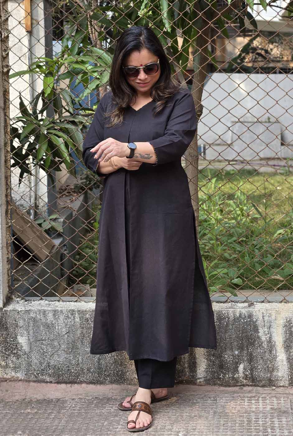 Black Handloom Kurta with Front Pleat