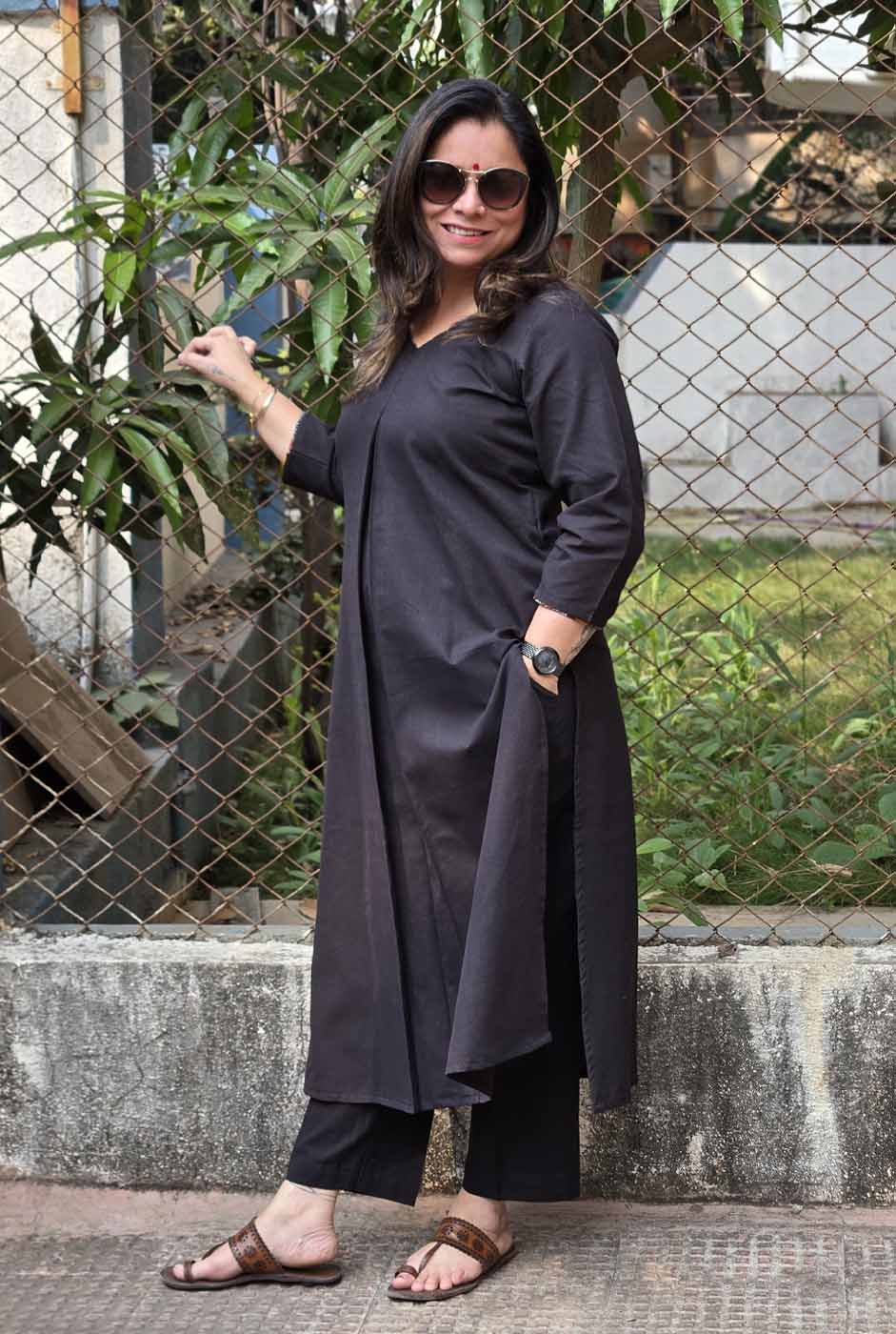 Black Handloom Kurta with Front Pleat