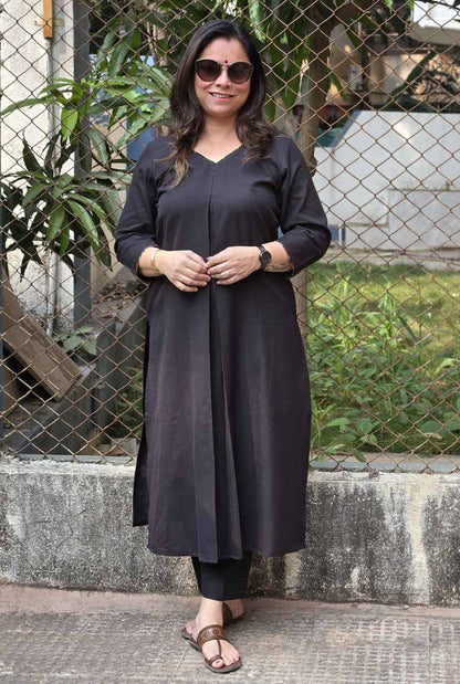 Black Handloom Kurta with Front Pleat