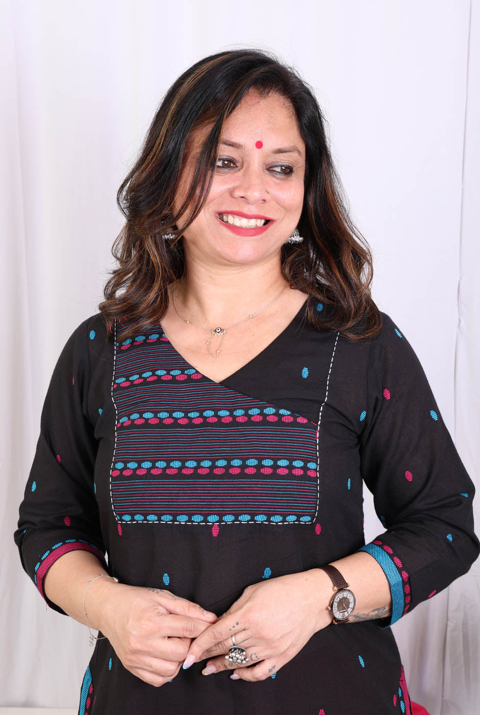 Black kurta pant set with angrakha yoke & kantha work