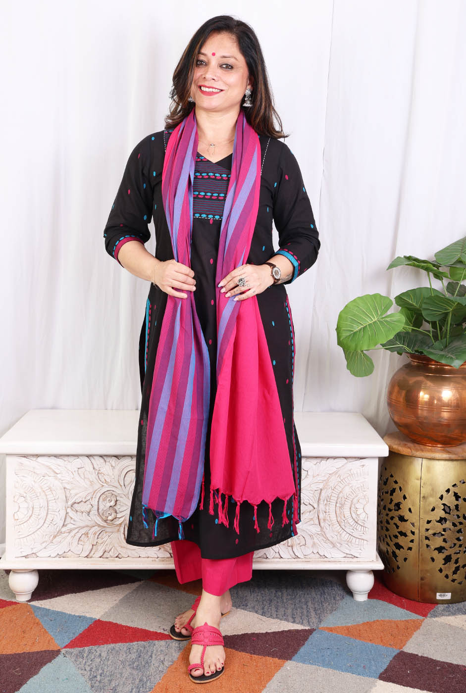 Black kurta pant set with angrakha yoke & kantha work