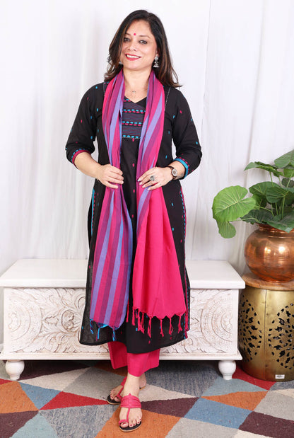 Black kurta pant set with angrakha yoke & kantha work