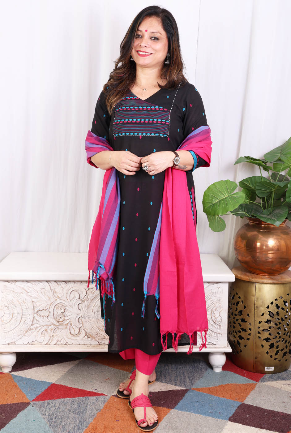 Black kurta pant set with angrakha yoke & kantha work