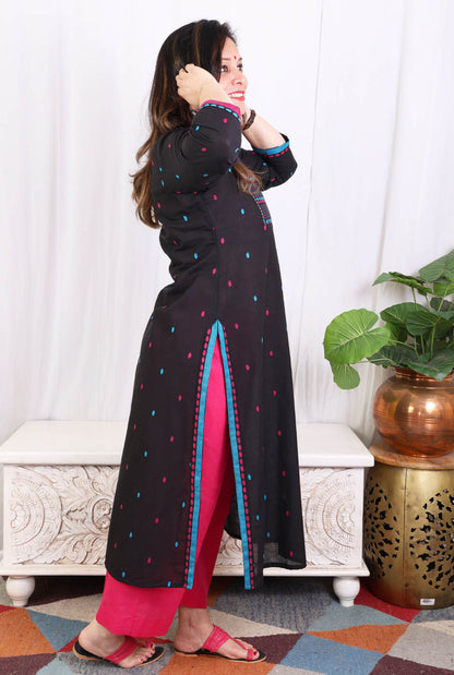 Black kurta pant set with angrakha yoke & kantha work