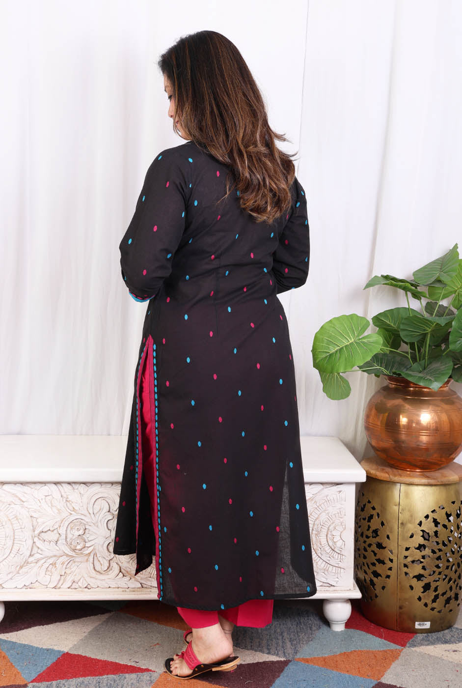 Black kurta pant set with angrakha yoke & kantha work