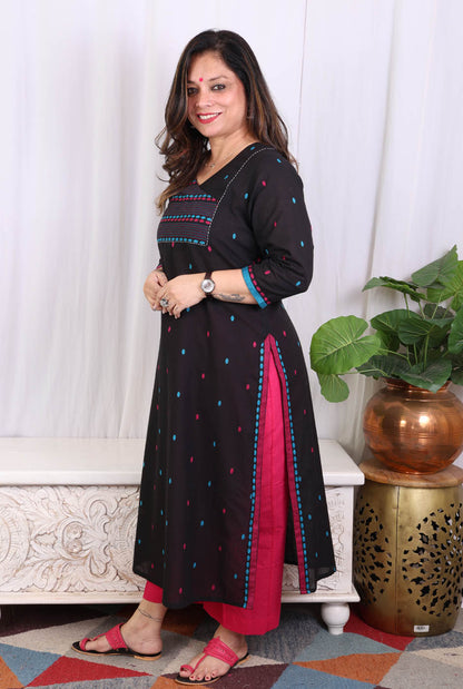 Black kurta pant set with angrakha yoke & kantha work