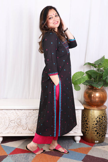 Black kurta pant set with angrakha yoke & kantha work
