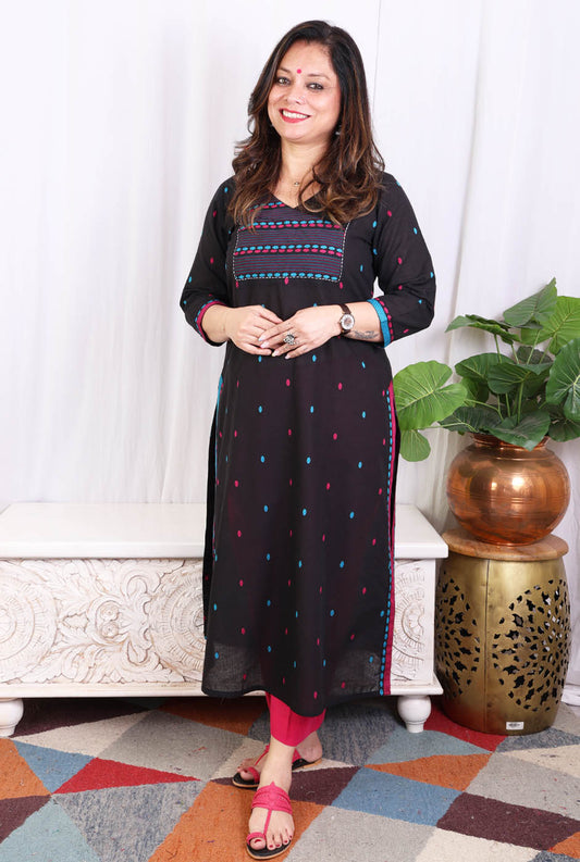 Black kurta pant set with angrakha yoke & kantha work