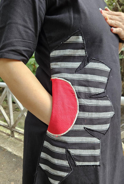 Black Knee-Length Cotton Dress with Patchwork Detailing