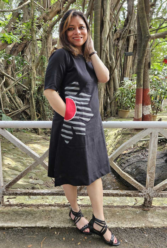 Black Knee-Length Cotton Dress with Patchwork Detailing