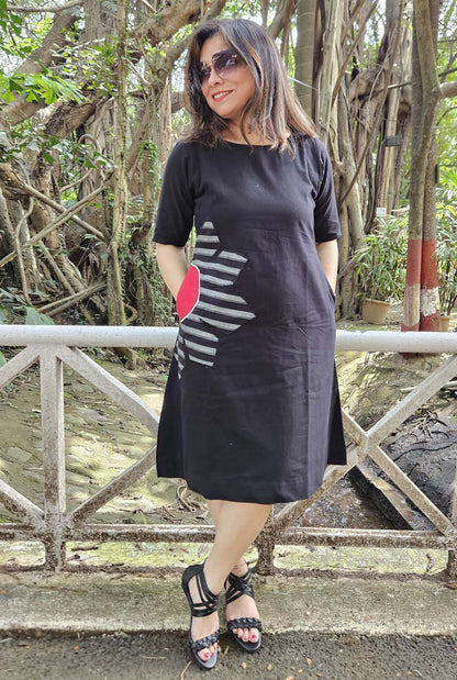 Black Knee-Length Cotton Dress with Patchwork Detailing
